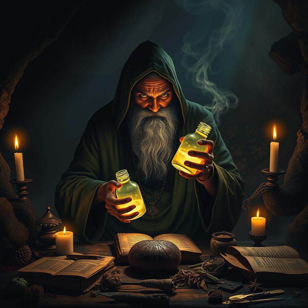 A sinister Indian sage or tantrik dressed in dark robes, intently creating a magical potion
