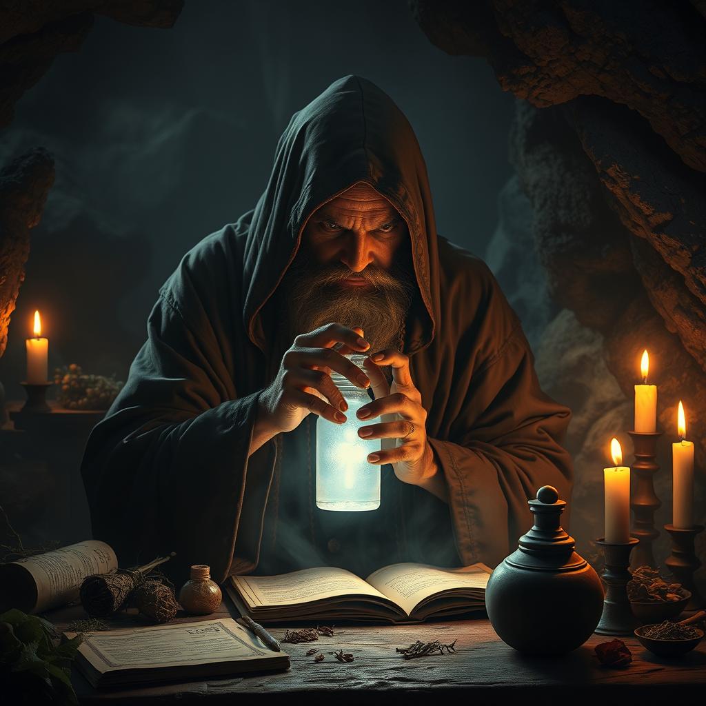 A sinister Indian sage or tantrik clad in dark, flowing robes, meticulously crafting a magical potion