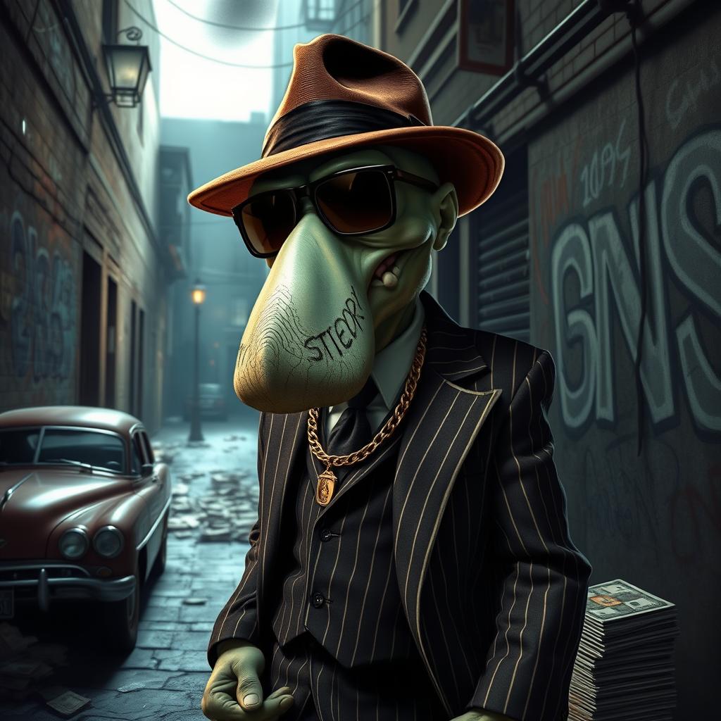 A realistic portrayal of a gangster version of Squidward, featuring him with an exaggerated, muscly physique, wearing flashy gangster attire, such as a pinstripe suit and fedora