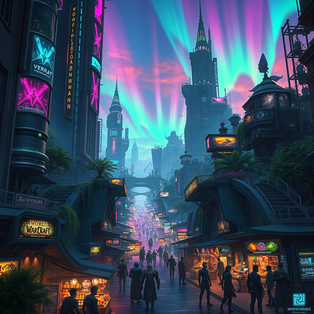 A futuristic cityscape blending elements from Cyberpunk and the World of Warcraft universe