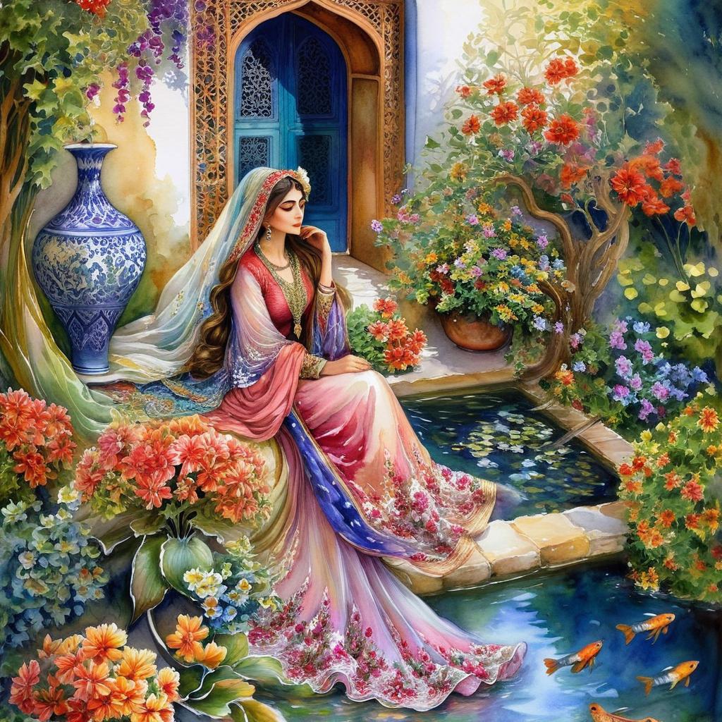 Mystical and spiritual watercolor painting of a beautiful Iranian woman in traditional dress sitting next to a tiled pond in the courtyard of a traditional Iranian house, amidst a maze of multicolored flowers, vases and geraniums, grapevines, and plane trees in the yard.