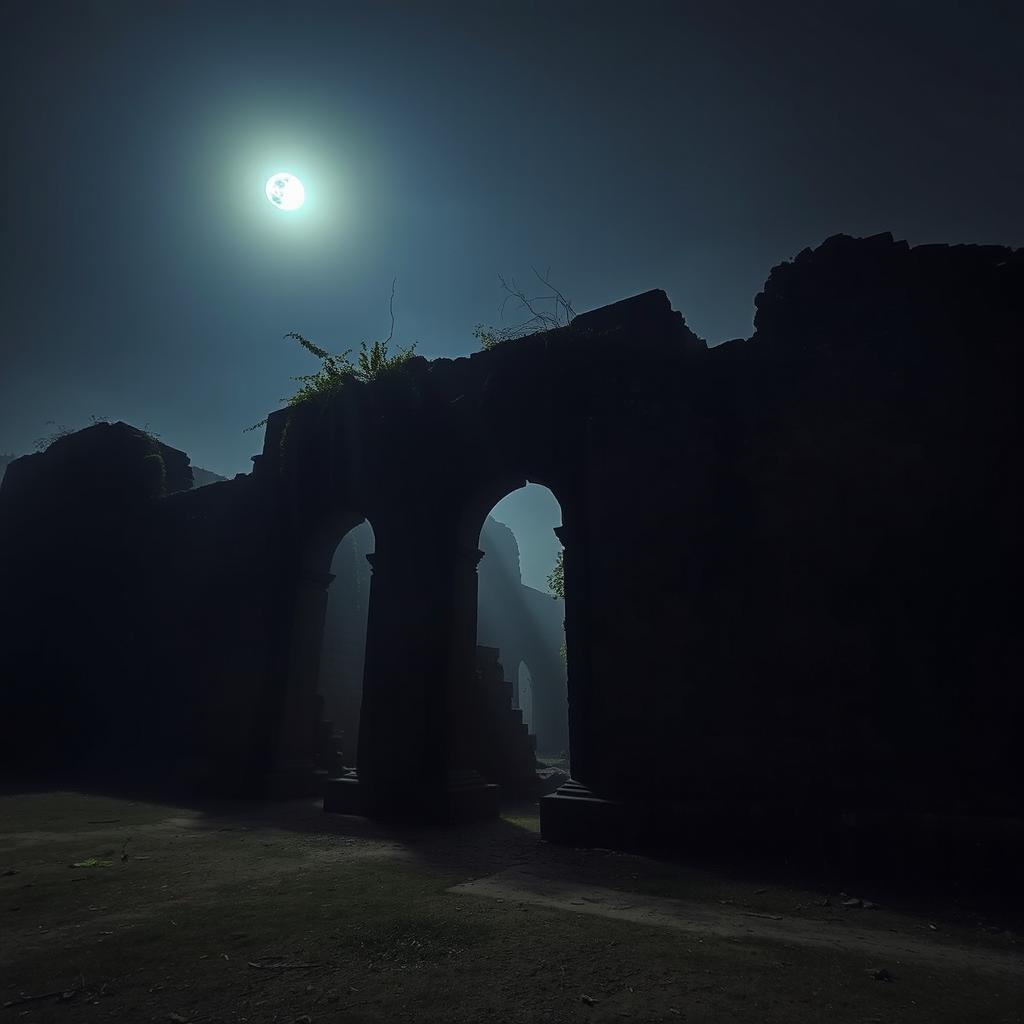 An eerie nighttime scene of Bhangarh Fort, shrouded in darkness and abandonment