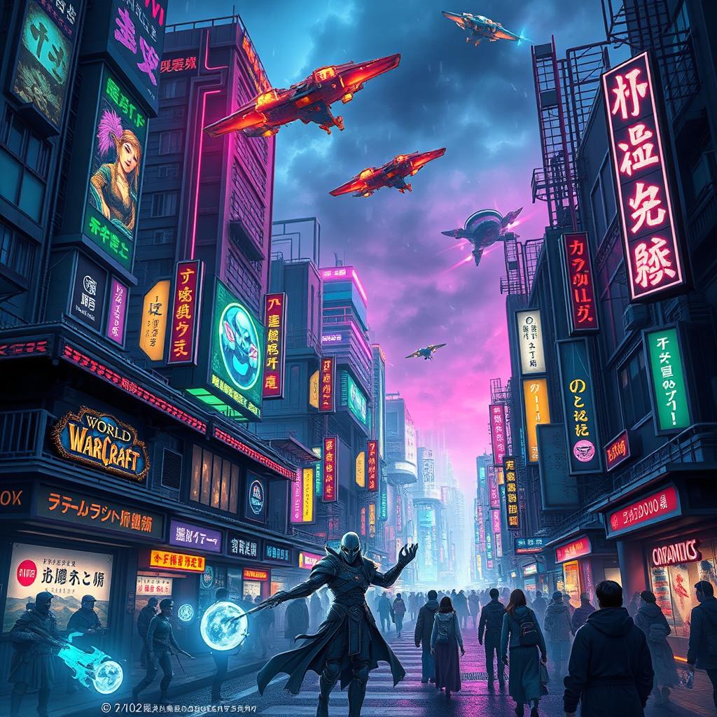 A vivid and dynamic fusion of Cyberpunk aesthetics and World of Warcraft worlds, showcasing an evolved urban landscape inspired by Tokyo