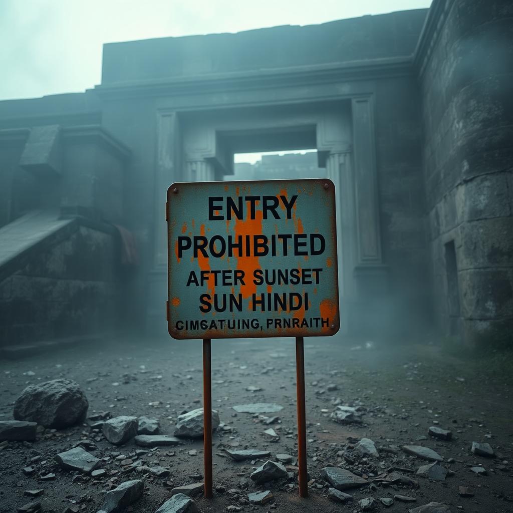 A rusty metal signboard standing in front of an ancient fort gate, adorned with the text 'Entry Prohibited After Sunset' written in both Hindi and English