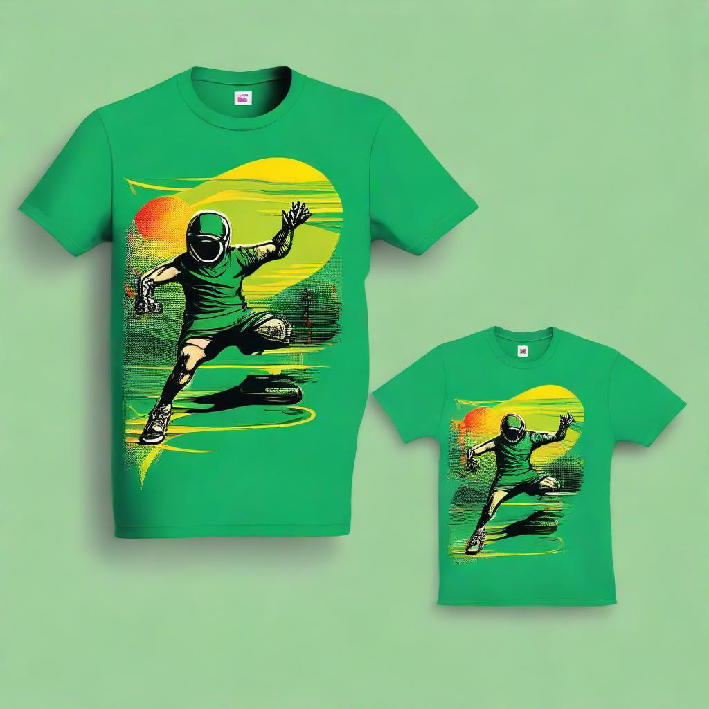 Design a vibrant sports-themed front and back print for a green t-shirt, showcasing dynamic athletic imagery and energy.