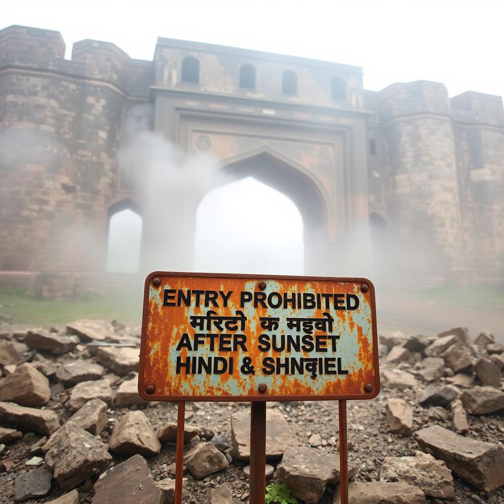 A rusty metal signboard positioned in front of an ancient fort gate, featuring the inscription 'Entry Prohibited After Sunset' in both Hindi and English