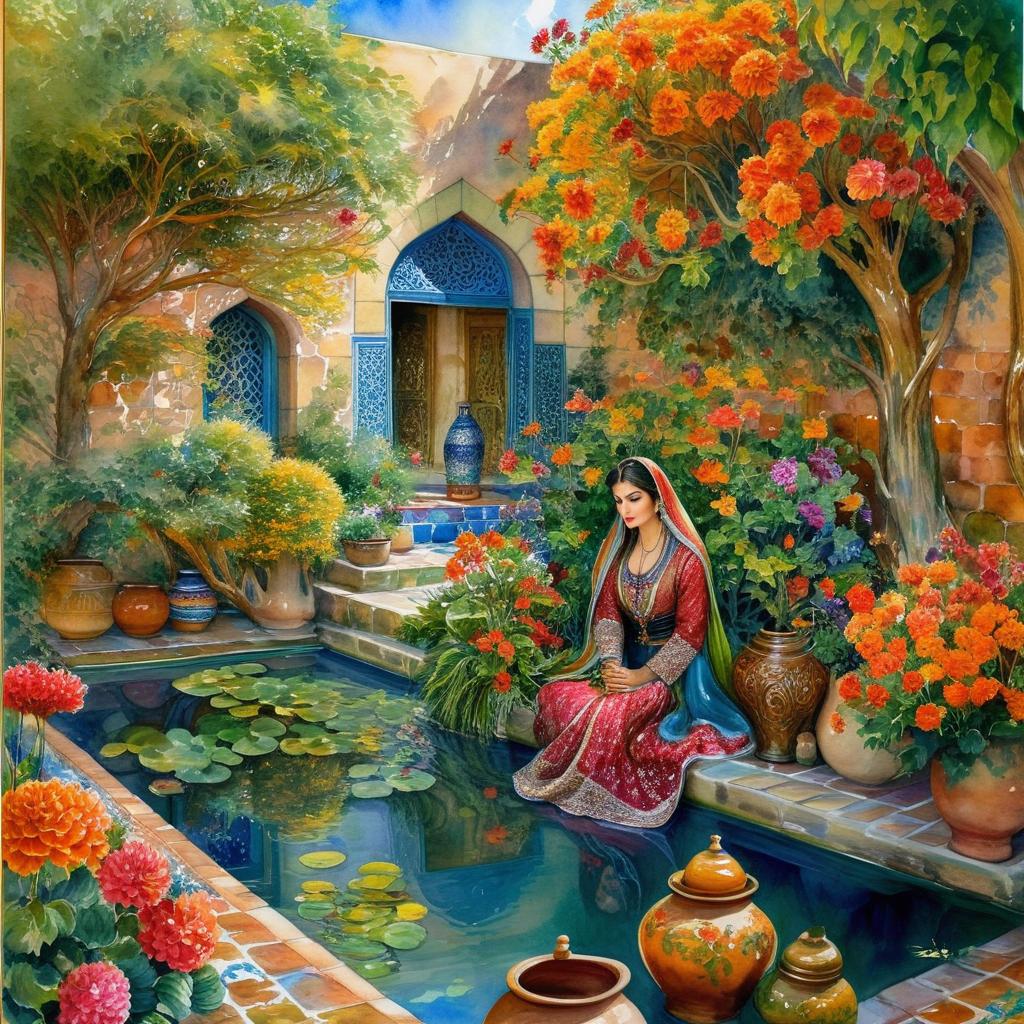 Mystical and spiritual watercolor painting of a beautiful Iranian woman in traditional dress sitting next to a tiled pond in the courtyard of a traditional Iranian house, amidst a maze of multicolored flowers, vases and geraniums, grapevines and plane trees in the yard, traditional jars and containers.
