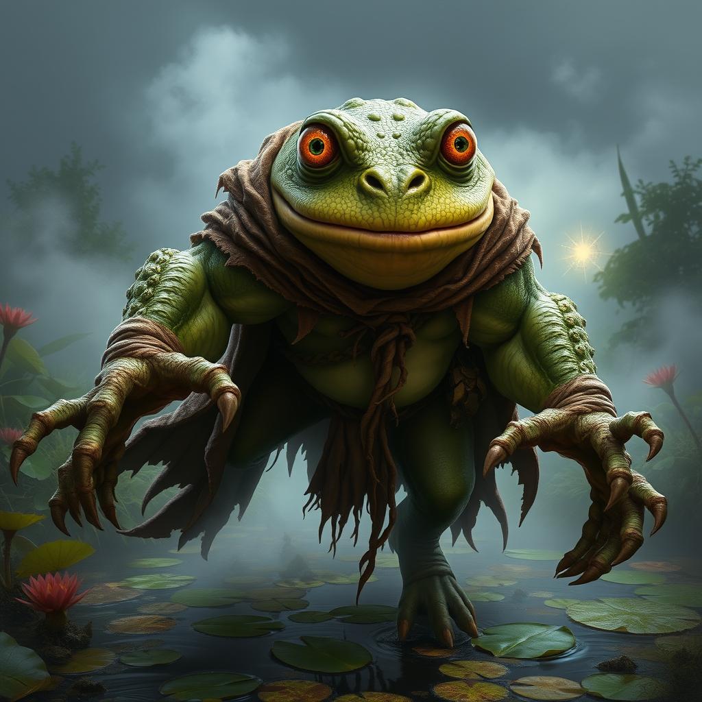 A fantastical creature known as the Toadman, featuring a large, bulbous toad-like head with exaggerated green warts and bright yellow eyes