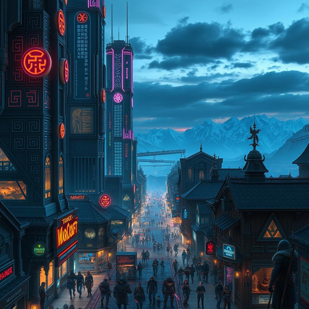 A stunning fusion of a Cyberpunk cityscape and the fantastical world of Warcraft, featuring high-tech neon lights intermingling with ancient Viking architecture amidst breathtaking fjords
