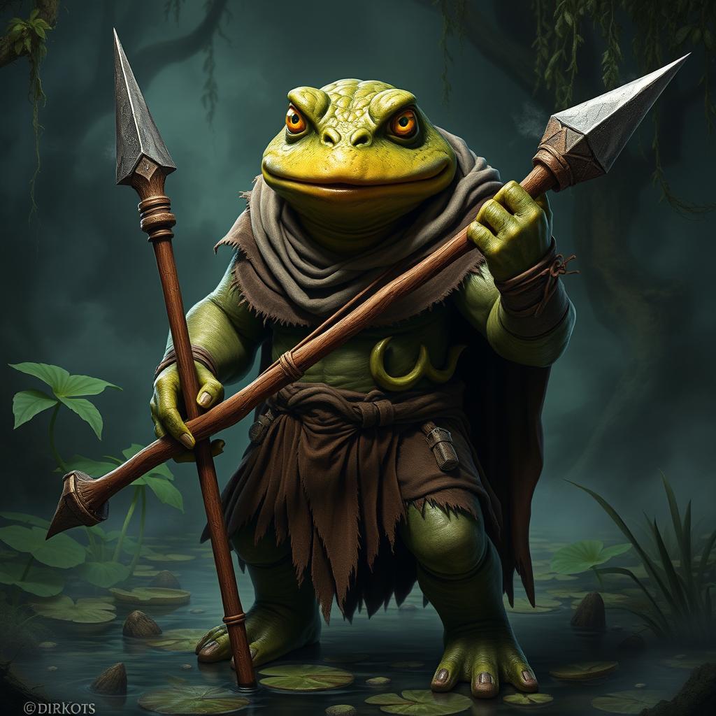 A formidable Toadman creature armed with a spear, featuring a large, warty, green toad-like head with bright yellow eyes staring fiercely
