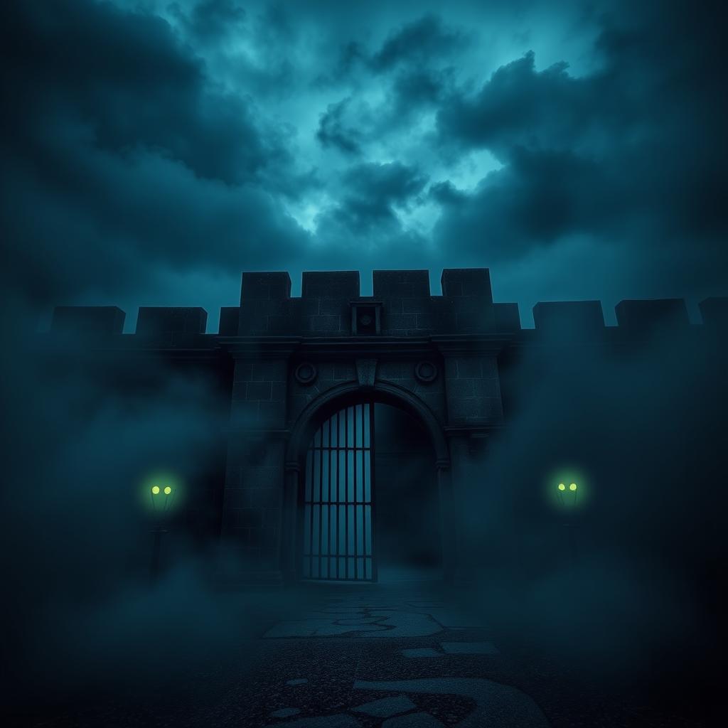 A wide shot of a haunting, old fort gate, shrouded in dense fog, creating an eerie and mysterious atmosphere