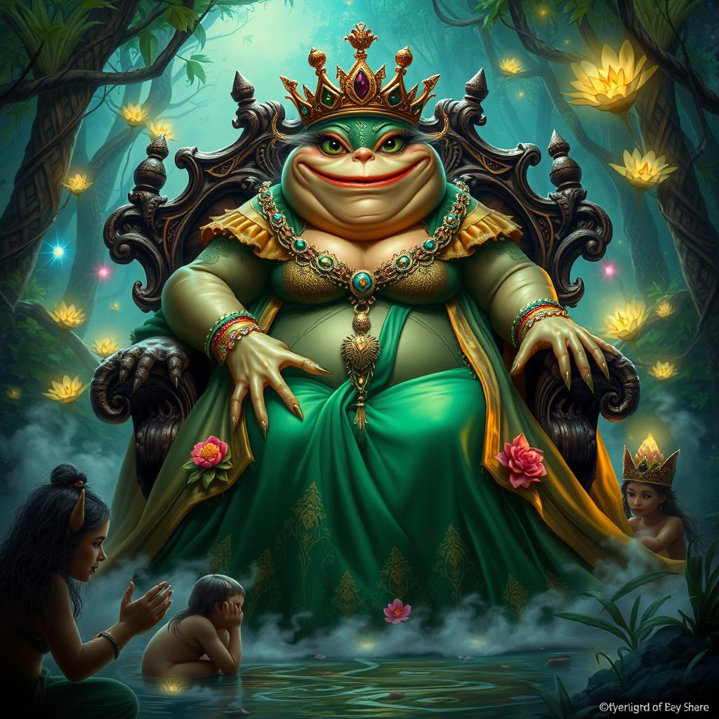 The Fat Queen of the Toadmen, an imposing and majestic figure with a plump, round body and an exaggerated toad-like face featuring deep-set, expressive green eyes and a wide, froglike grin
