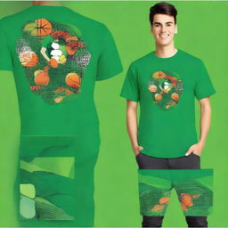 Design a vibrant sports-themed front and back print for a green t-shirt, showcasing dynamic athletic imagery and energy.