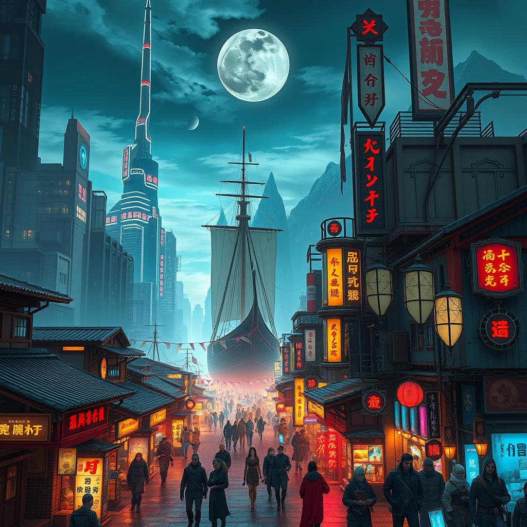 An imaginative blend of a cyberpunk world and the fantasy universe of World of Warcraft, featuring a futuristic cityscape with neon lights and advanced technology infused with Viking aesthetics