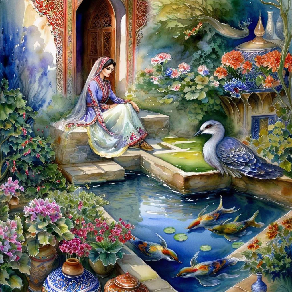 Mystical and spiritual watercolor painting of a beautiful Iranian woman in traditional dress sitting next to a tiled pond in the courtyard of a traditional Iranian house, amidst a maze of multicolored flowers, vases and geraniums, grapevines and plane trees in the yard, traditional jars and containers.