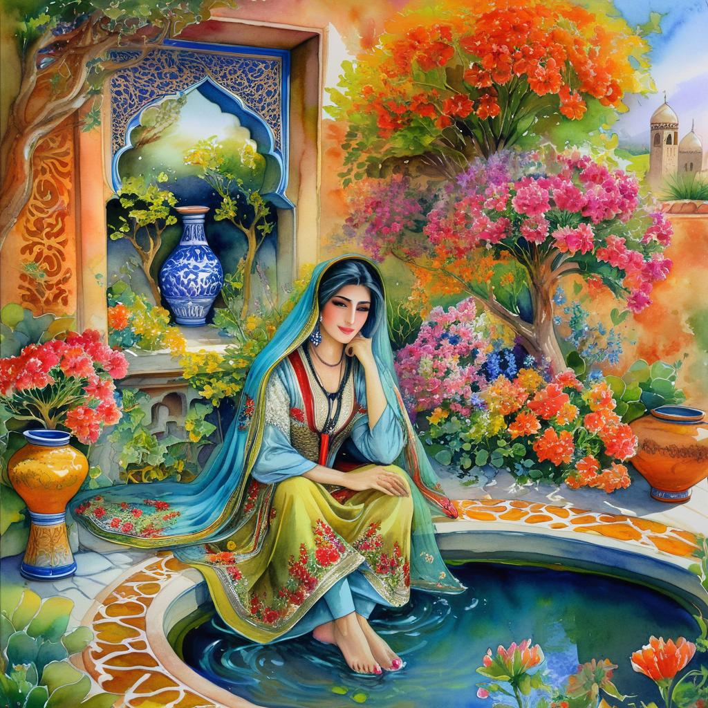 Mystical and spiritual watercolor painting of a beautiful Iranian woman in traditional dress sitting next to a tiled pond in the courtyard of a traditional Iranian house, amidst a maze of multicolored flowers, vases and geraniums, grapevines and plane trees in the yard, traditional jars and containers.