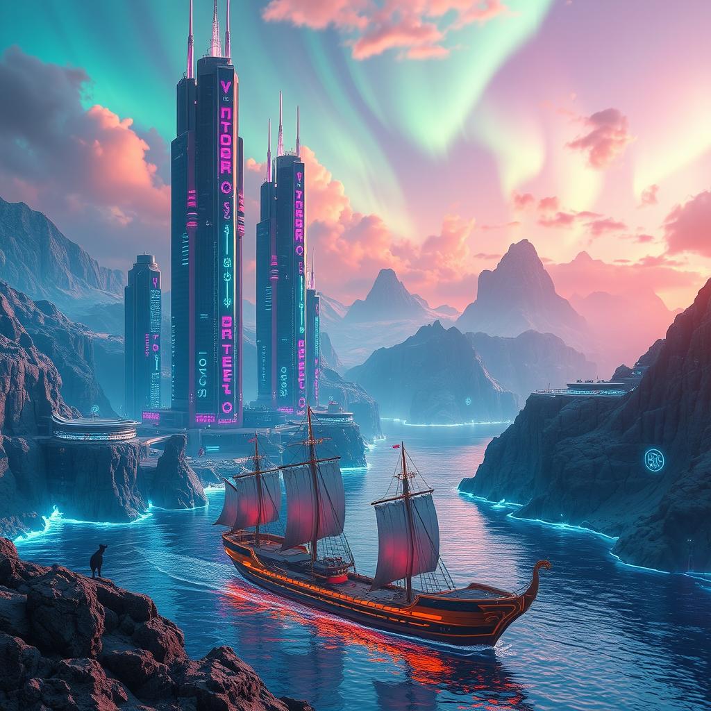 A stunning cyberpunk world inspired by the aesthetics of World of Warcraft, featuring evolved Viking themes and vibrant fjords reminiscent of Kattegat