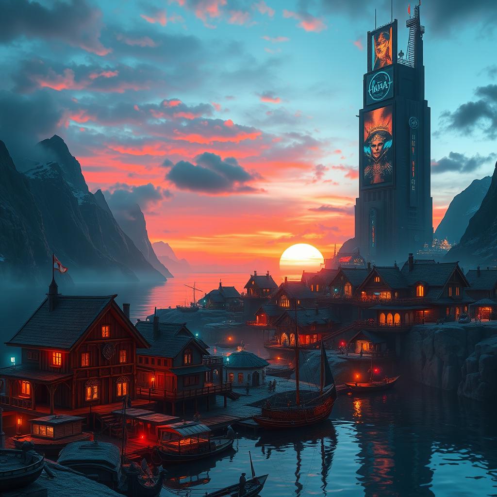 A breathtaking scene blending the vast, futuristic landscapes of a cyberpunk world with the classic fantasy realm of World of Warcraft, showcasing a Viking village by stunning fjords