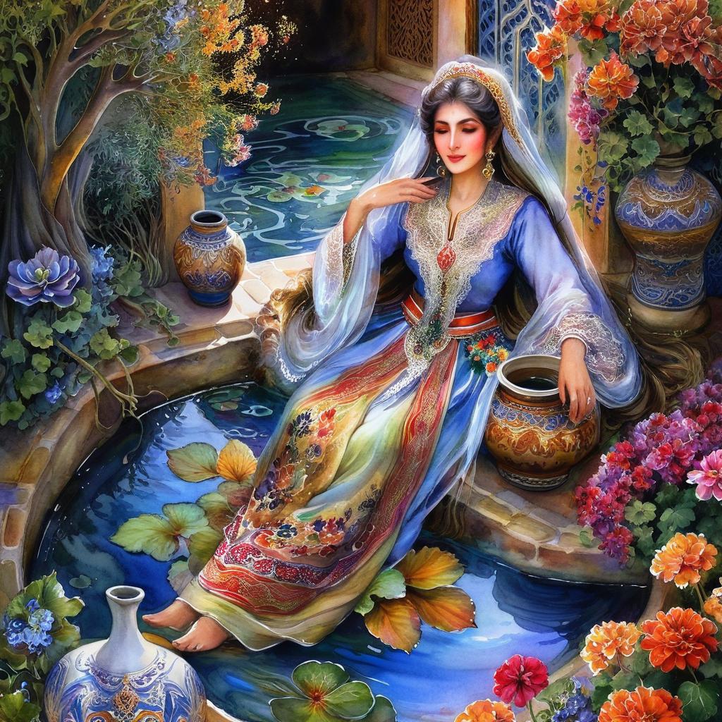 Mystical and spiritual watercolor painting of a beautiful Iranian woman in traditional dress sitting next to a tiled pond in the courtyard of a traditional Iranian house, amidst a maze of multicolored flowers, vases and geraniums, grapevines and plane trees in the yard, traditional jars and containers.