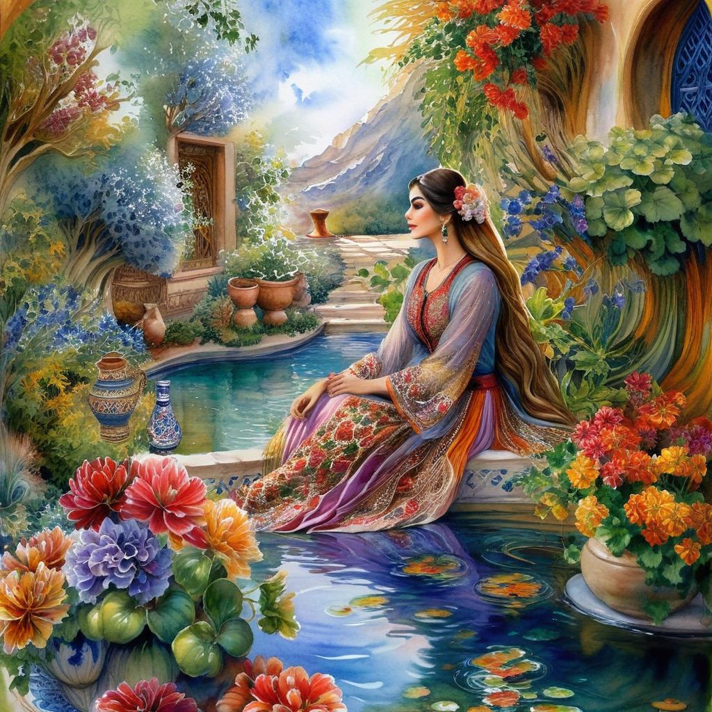 Mystical and spiritual watercolor painting of a beautiful Iranian woman in traditional dress sitting next to a tiled pond in the courtyard of a traditional Iranian house, amidst a maze of multicolored flowers, vases and geraniums, grapevines and plane trees in the yard, traditional jars and containers.
