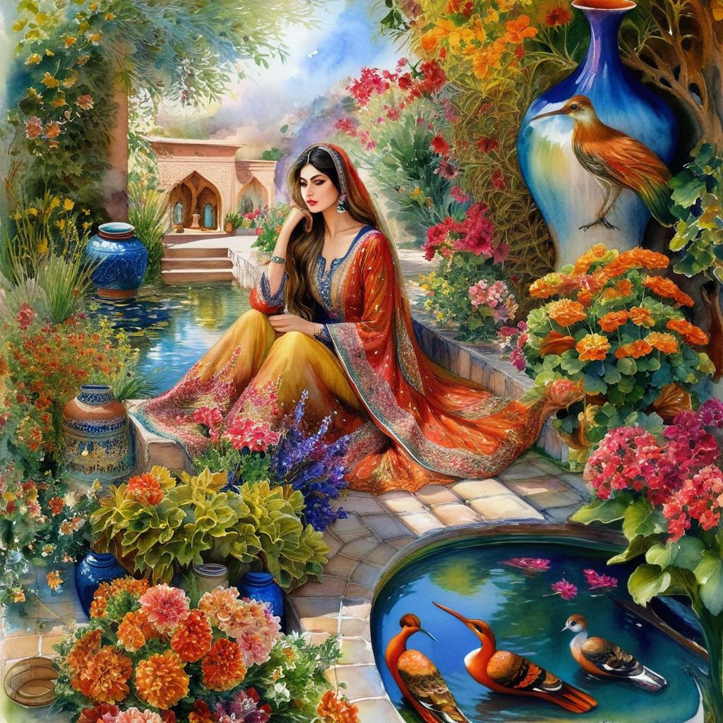 Mystical and spiritual watercolor painting of a beautiful Iranian woman in traditional dress sitting next to a tiled pond in the courtyard of a traditional Iranian house, amidst a maze of multicolored flowers, vases and geraniums, grapevines and plane trees in the yard, traditional jars and containers.