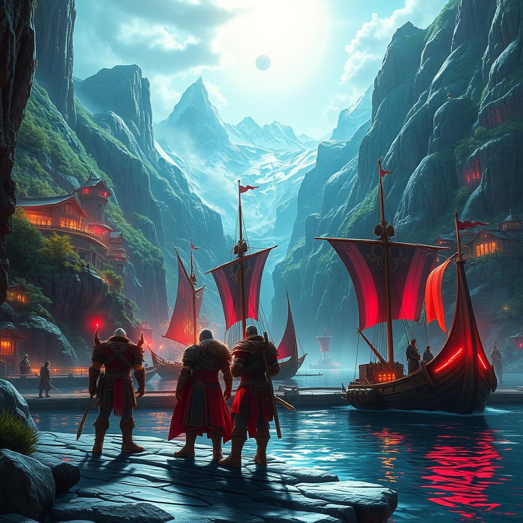 A vibrant and fantastical landscape merging elements of Cyberpunk and World of Warcraft, featuring a dramatic fjord setting