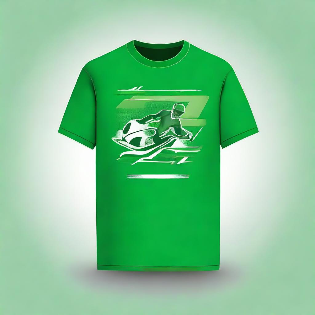 Design a lively and energetic sports-themed front and back graphic for a green t-shirt, combining elements of athleticism and style.