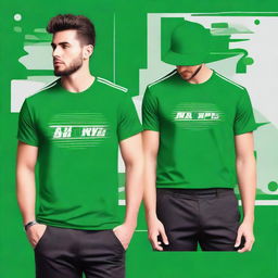 Design a lively and energetic sports-themed front and back graphic for a green t-shirt, combining elements of athleticism and style.