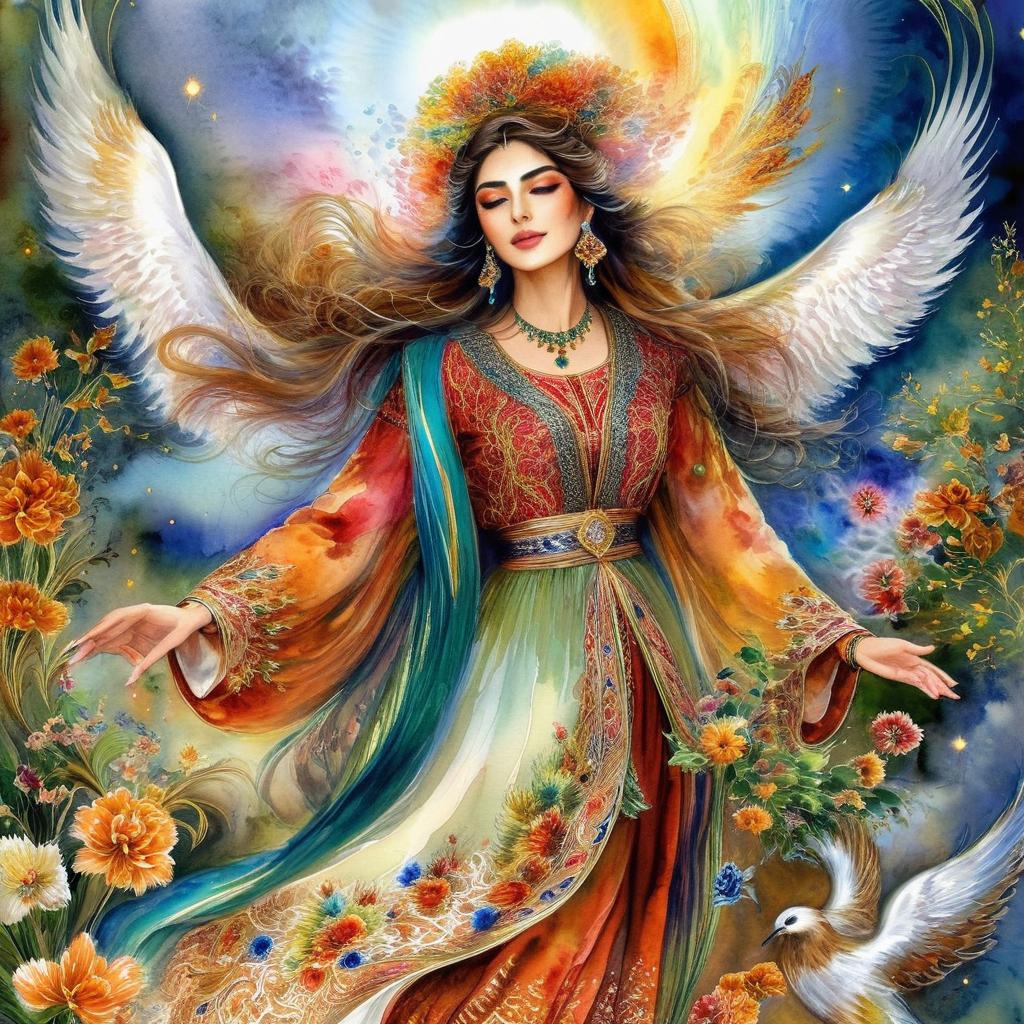 Mystical and spiritual watercolor painting of a beautiful Iranian woman in traditional dress in heaven