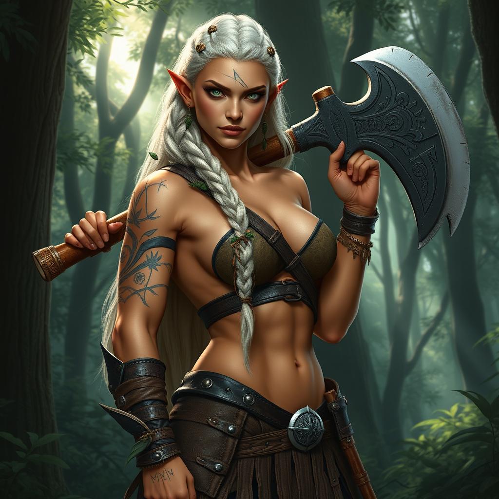 A powerful and muscular female elf barbarian, exuding strength and confidence