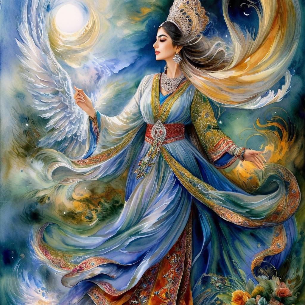 Mystical and spiritual watercolor painting of a beautiful Iranian woman in traditional dress in heaven