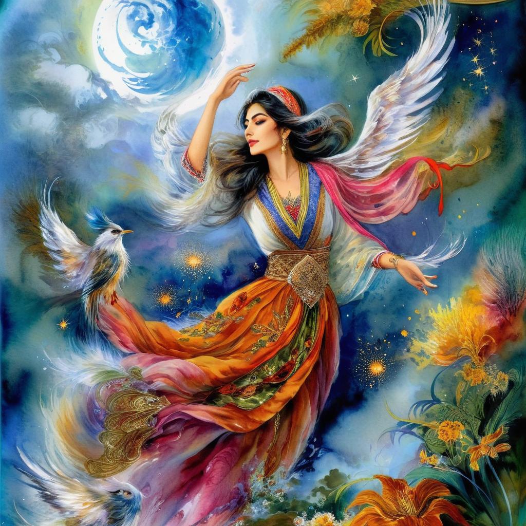 Mystical and spiritual watercolor painting of a beautiful Iranian woman in traditional dress in heaven
