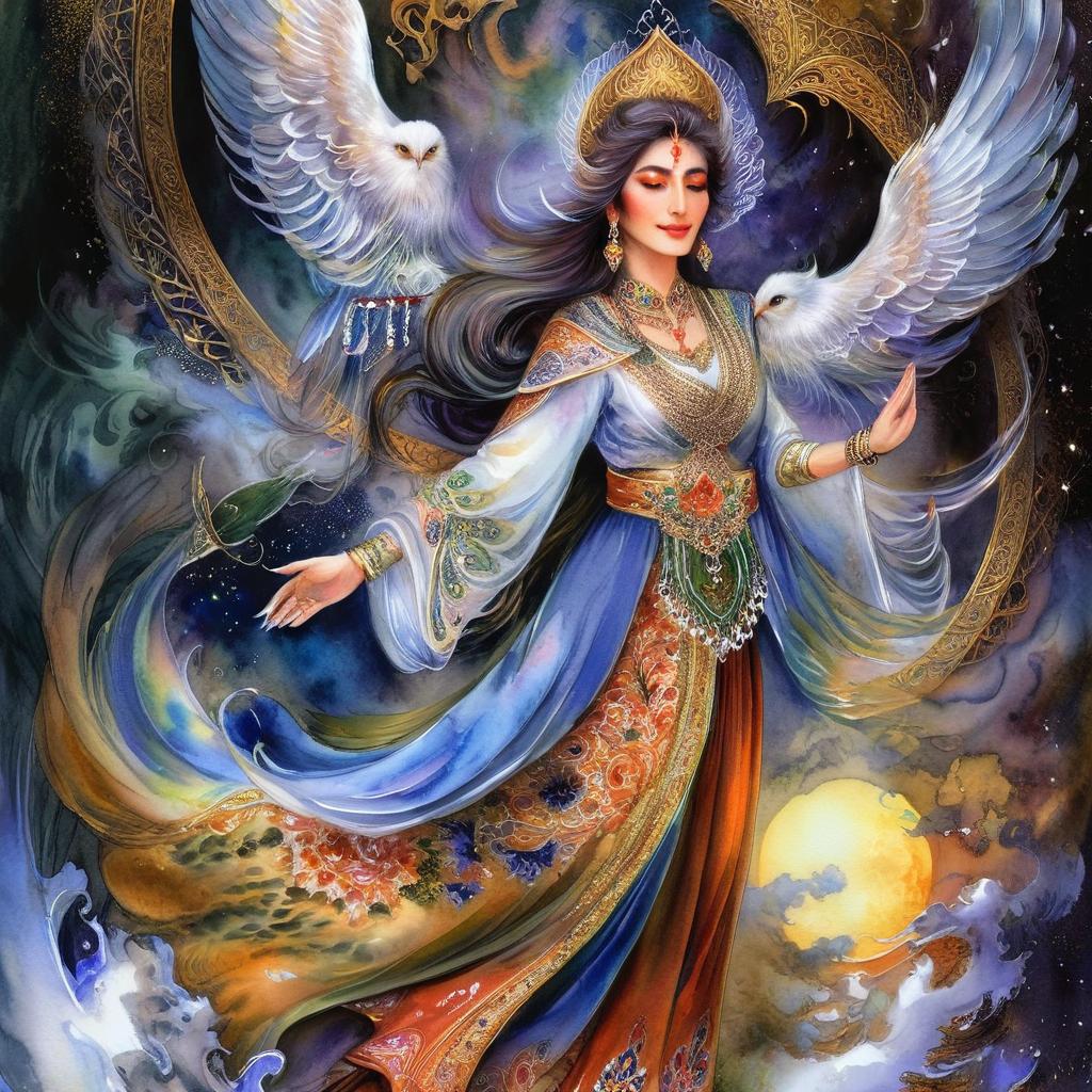 Mystical and spiritual watercolor painting of a beautiful Iranian woman in traditional dress in heaven