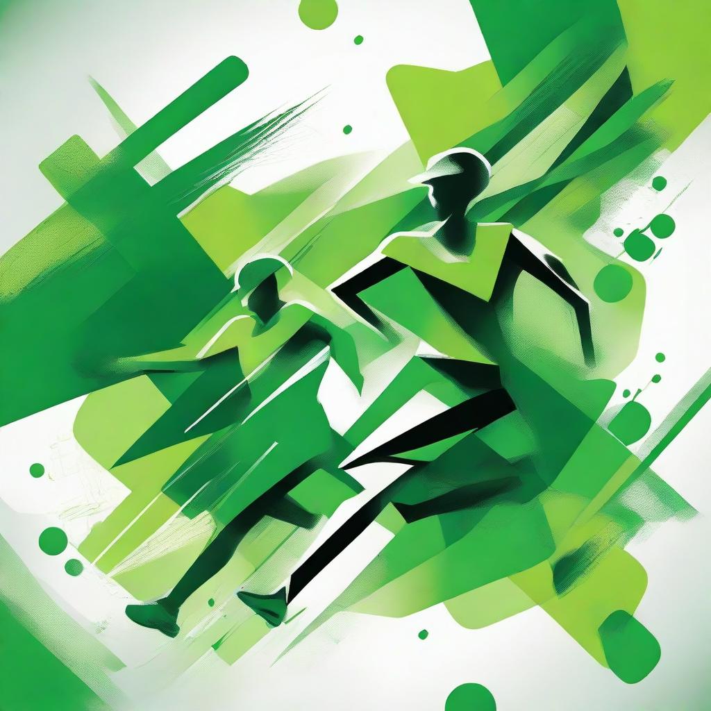 Design a dynamic and energetic sports-themed composition dominated by various shades of green, emphasizing motion and vitality.