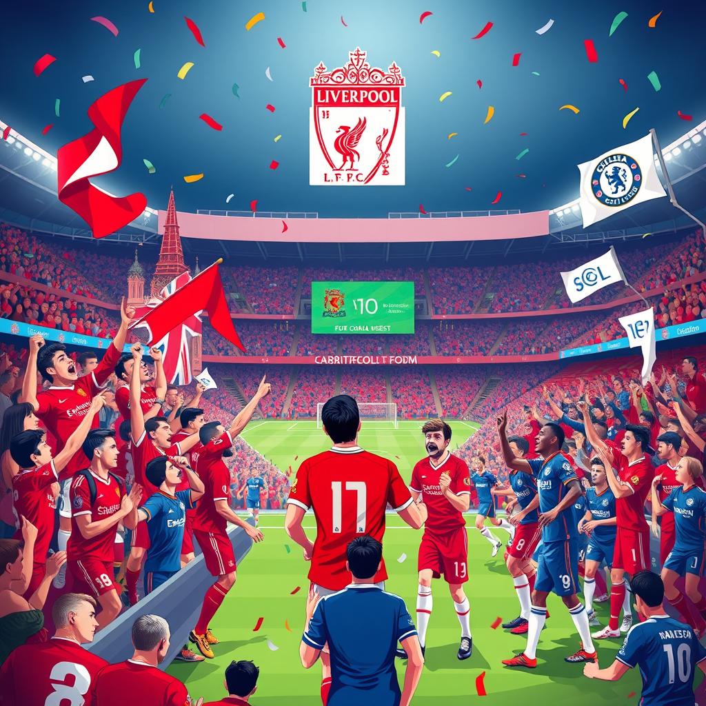A vibrant and dynamic illustration capturing the excitement of a football match celebrating Liverpool's victory and Chelsea's draw