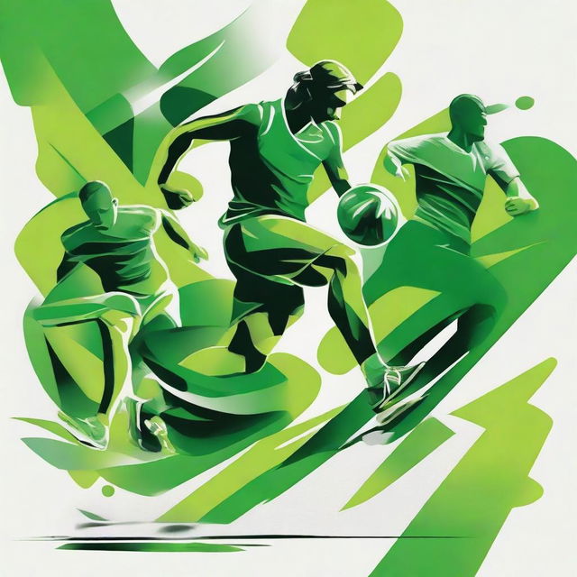 Design a dynamic and energetic sports-themed composition dominated by various shades of green, emphasizing motion and vitality.