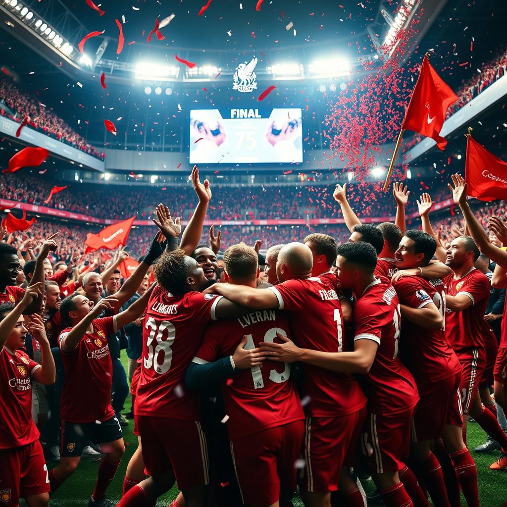 A dramatic and celebration-filled scene depicting the victorious moment of Liverpool Football Club winning a significant match