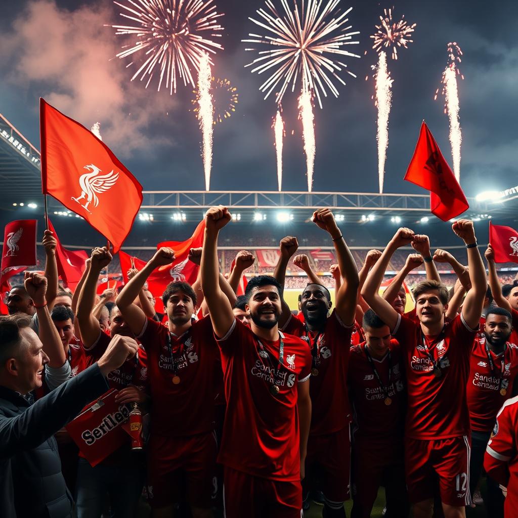 A triumphant scene capturing the victory celebration of Liverpool FC in the Premier League