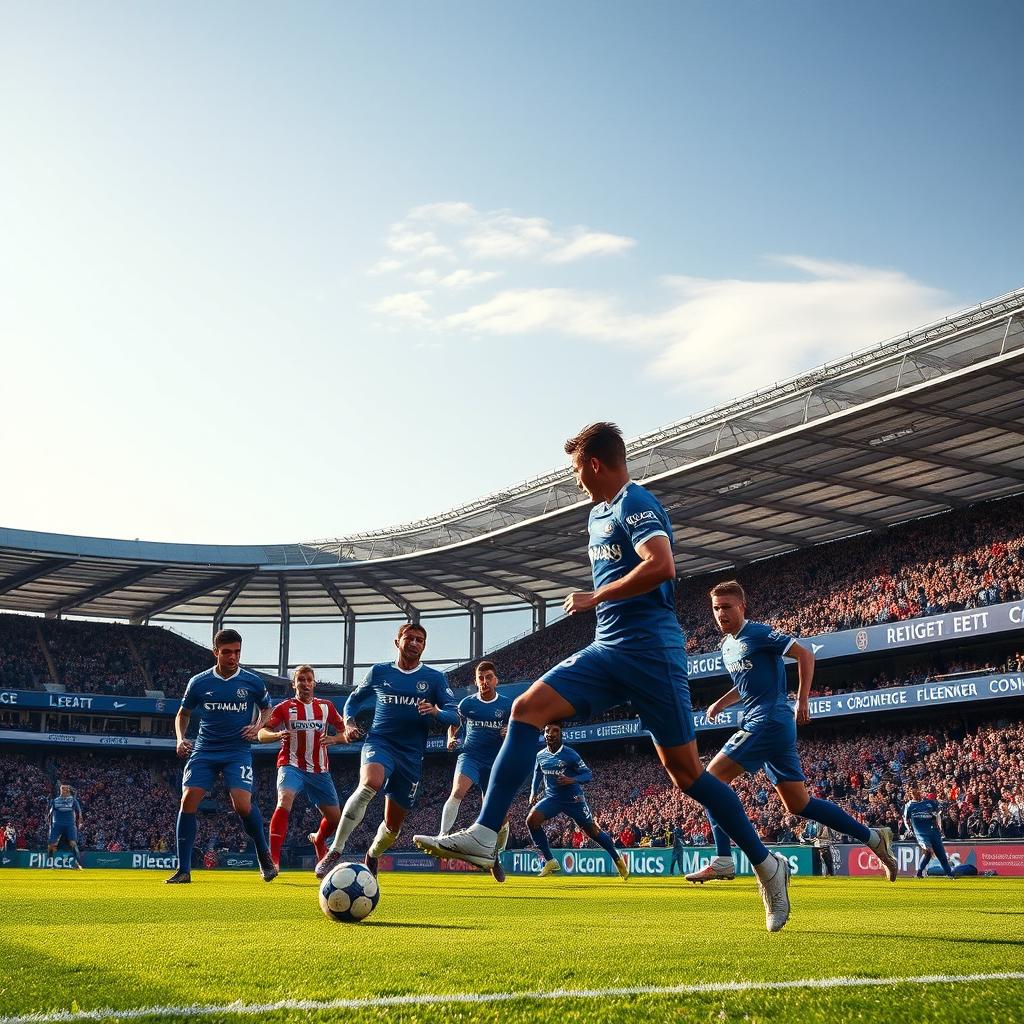 A dramatic football match scene capturing the intense moment of a draw between Chelsea and an opponent in the English Premier League