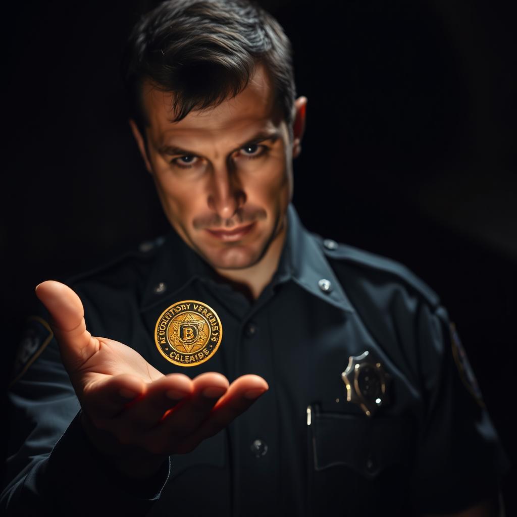 A police officer holding a medallion in the palm of his hand, examining it intently with a focused gaze
