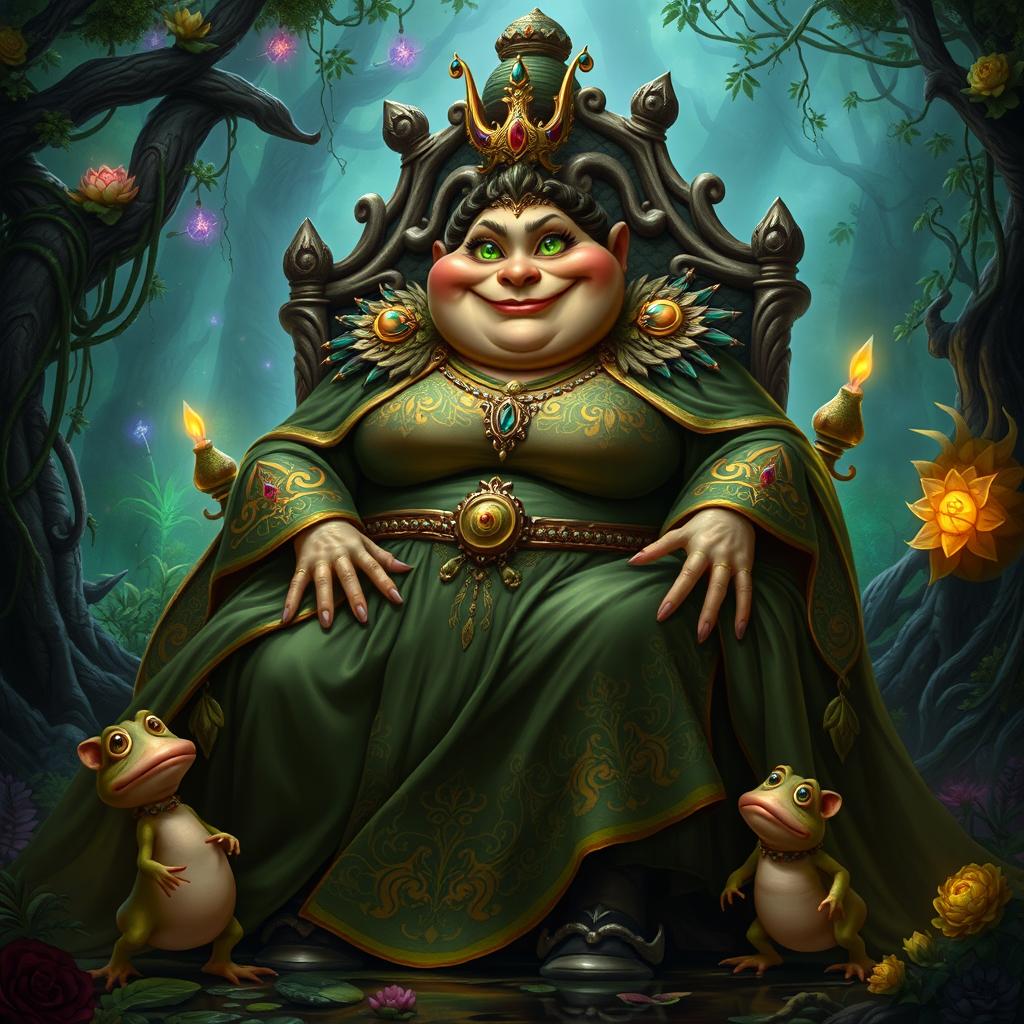 The Fat Queen of the Toadmen, a grand and formidable character with an extravagantly round body and a distinctly toad-like visage featuring wide, glimmering green eyes and a broad, cheerful smile