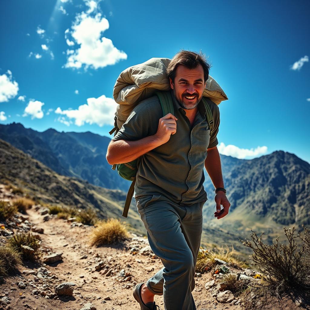 A man walking with a heavy load on his back, traversing a rugged landscape, showcasing determination in his stride