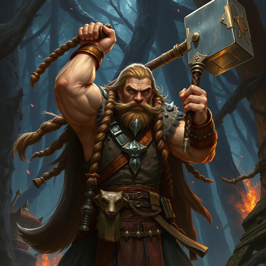 An epic Dungeons and Dragons illustration featuring a fierce dwarven hammer-infantry warrior