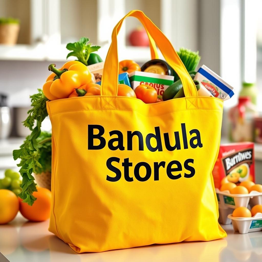 A vibrant yellow grocery bag made of fabric, featuring the name 'Bandula Stores' printed prominently in bold black lettering
