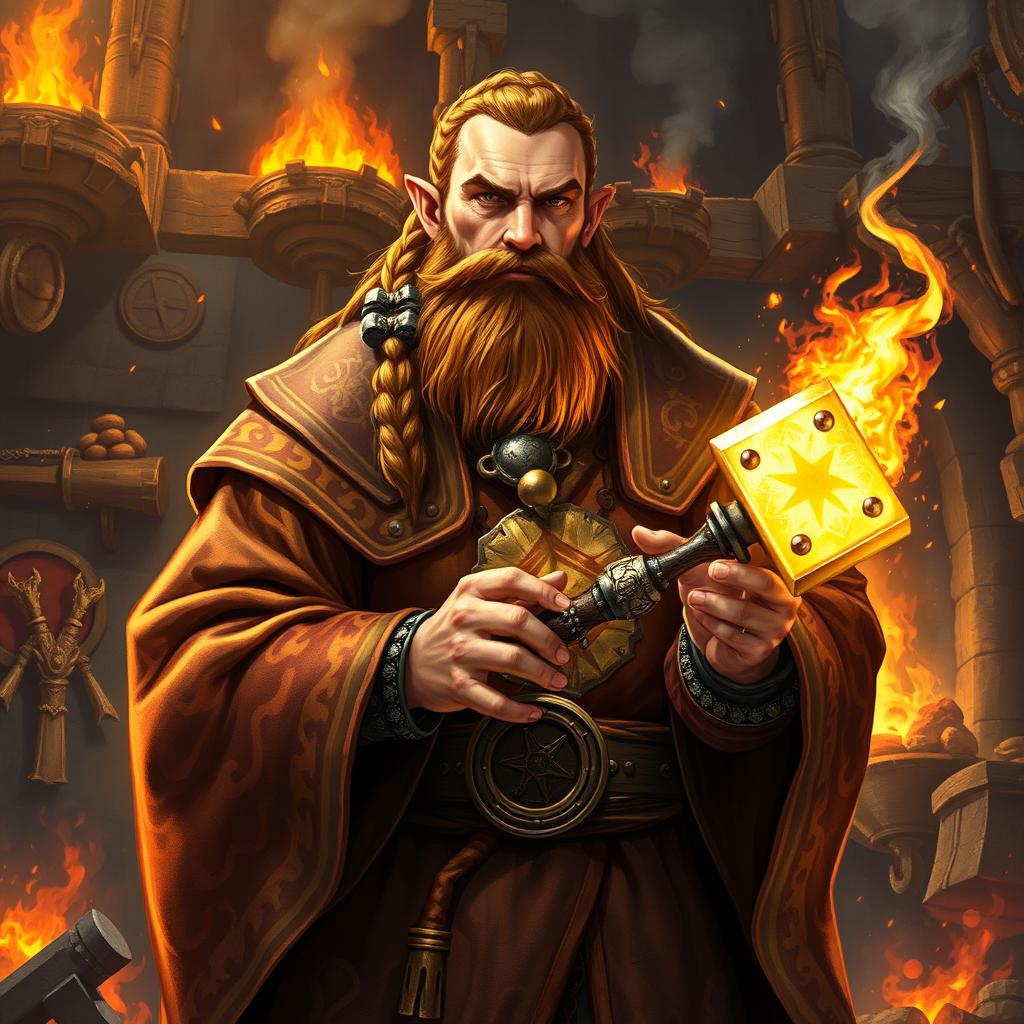 An intricate Dungeons and Dragons illustration showcasing a dwarven priest of the forge