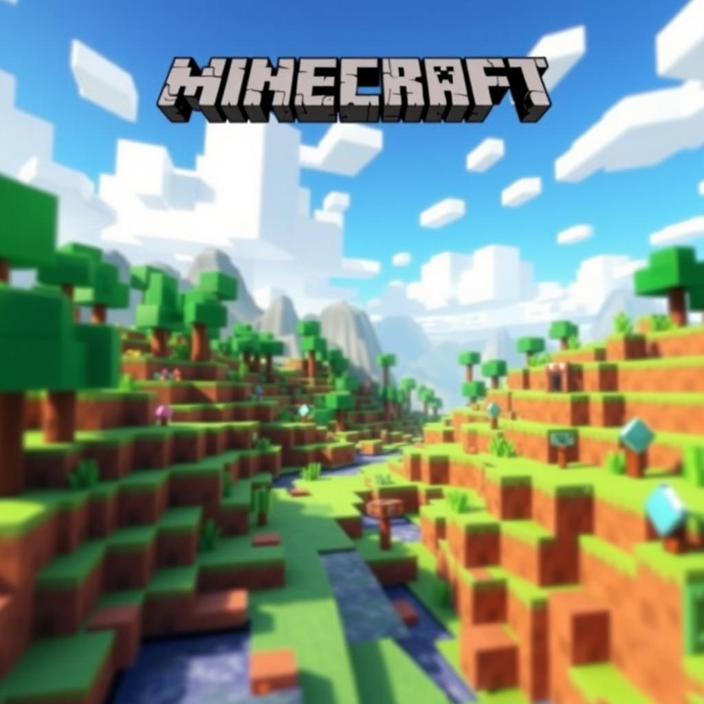 A vibrant and engaging YouTube background for Minecraft content, featuring a colorful, blocky landscape typical of Minecraft, with rolling hills, pixelated trees, and a bright sky filled with block-shaped clouds