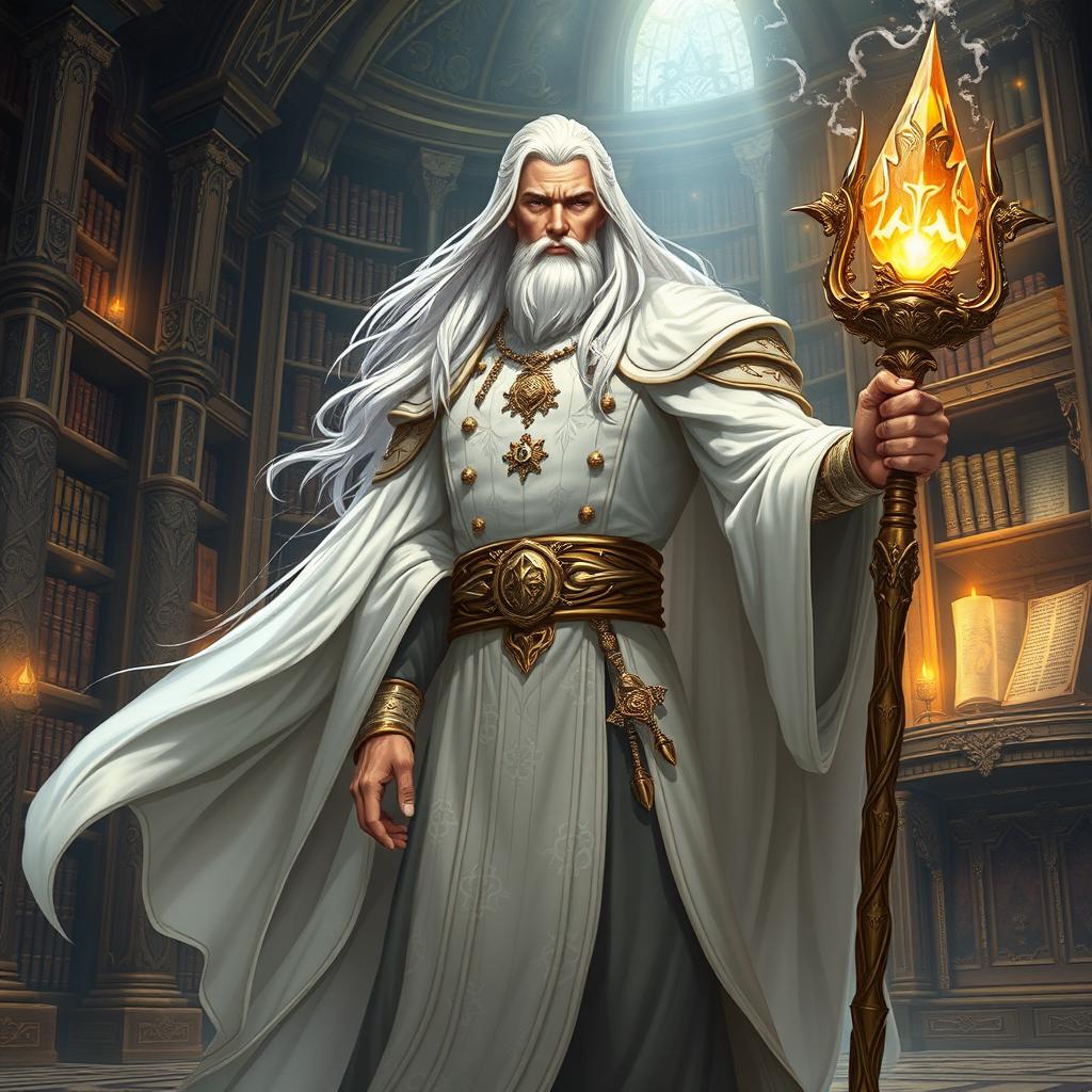 A majestic Dungeons and Dragons illustration featuring a powerful mage-king clad in flowing white robes that shimmer with magical runes