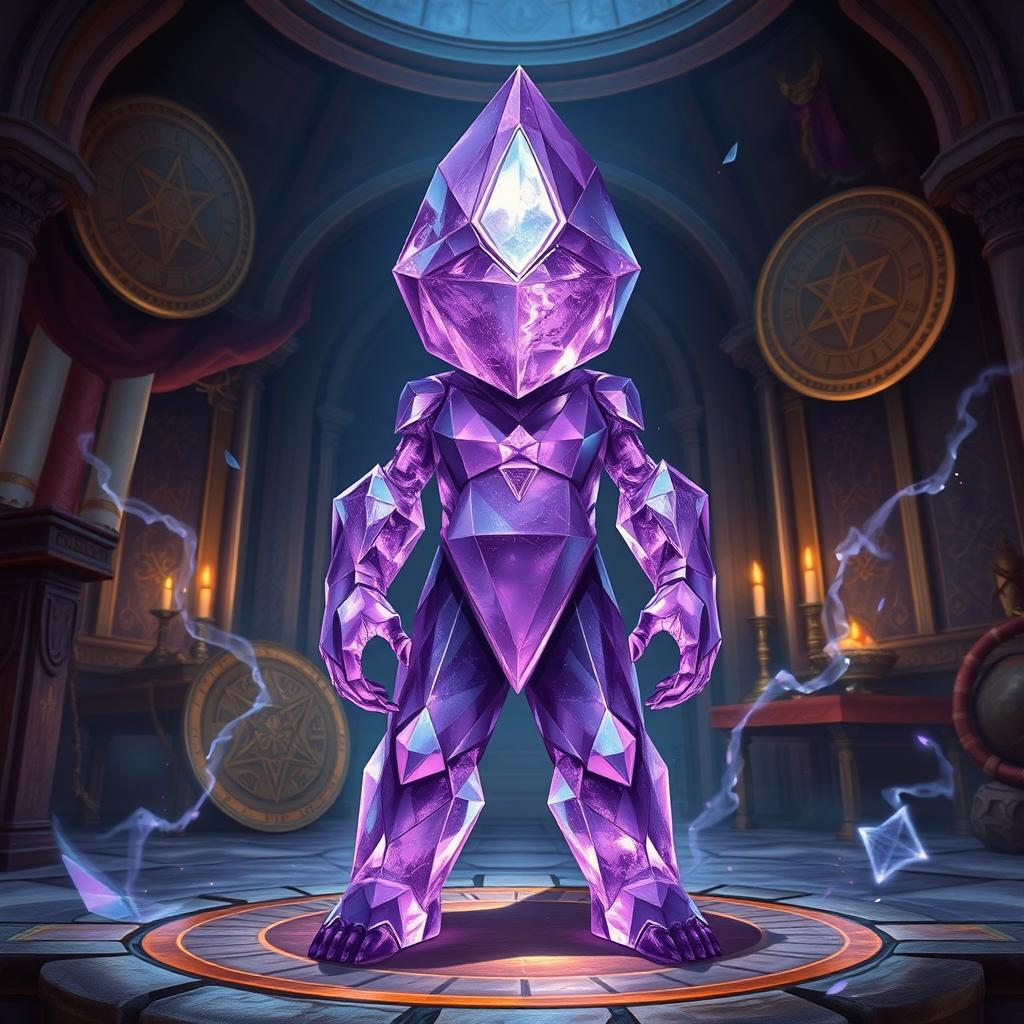 A captivating Dungeons and Dragons illustration of a guard homunculus crafted from shimmering purple crystal, taking on a humanoid shape