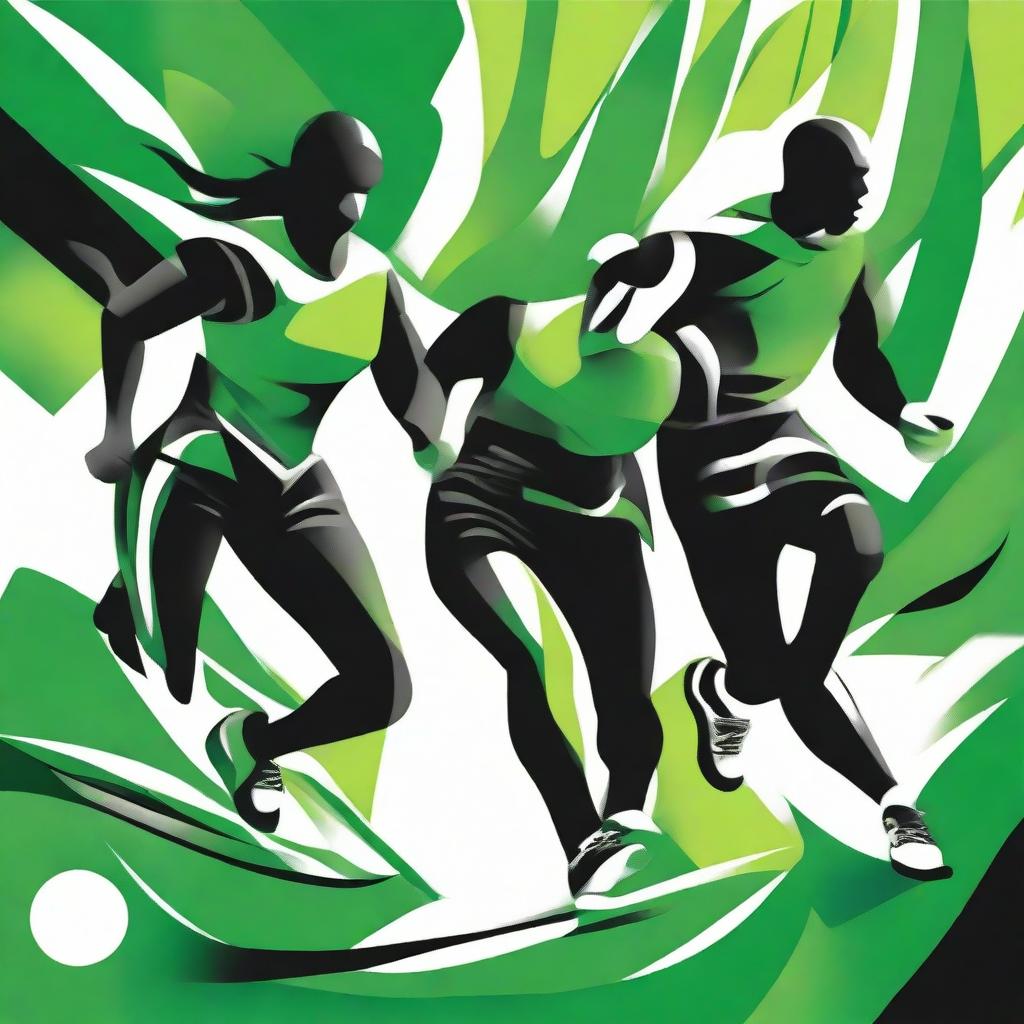 Design an energetic sports-themed artwork using a dynamic trio of green, black, and white colors, depicting vibrancy and vigorous activity.