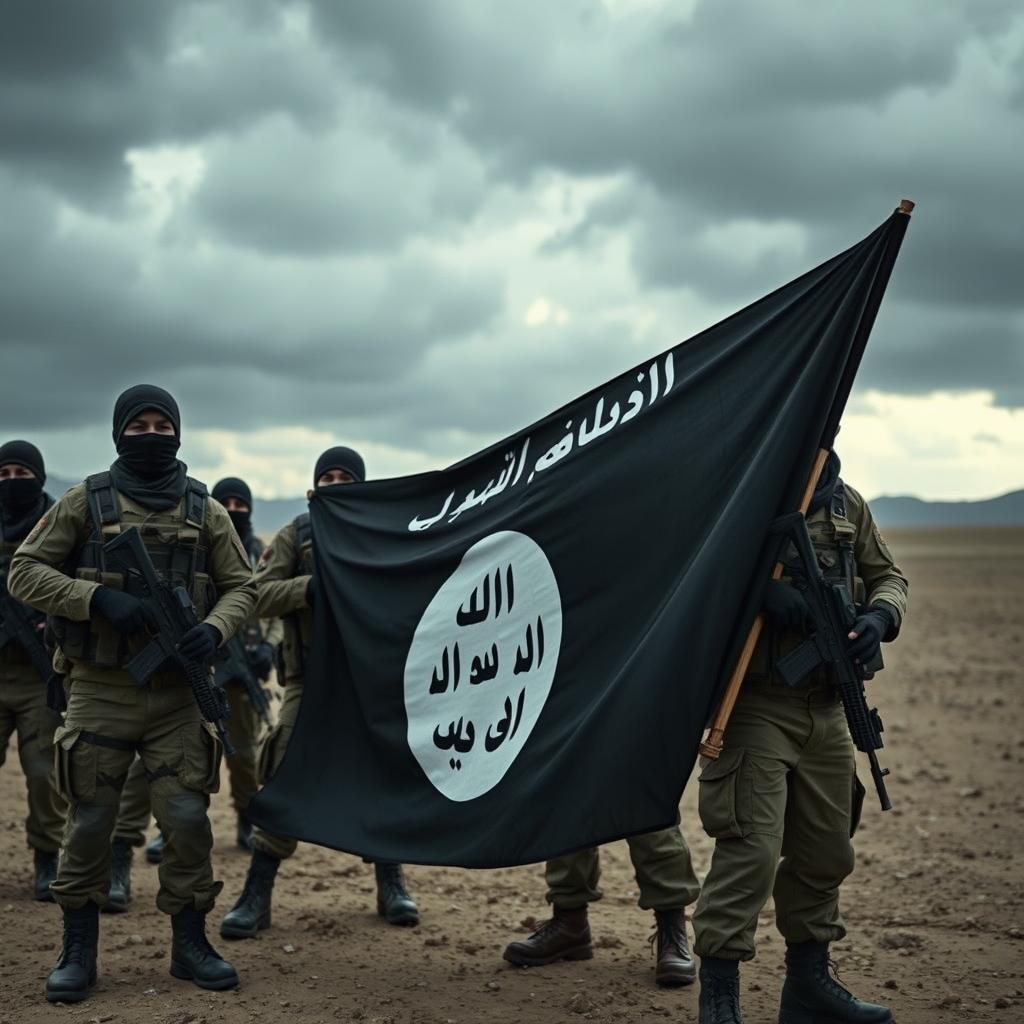 A dramatic scene featuring several armed military men holding the ISIS flag, their faces covered with masks